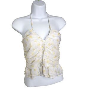 Ruched Yellow Floral Halter Top By Forever 21 Ruffle Hem Back Tie Closure White